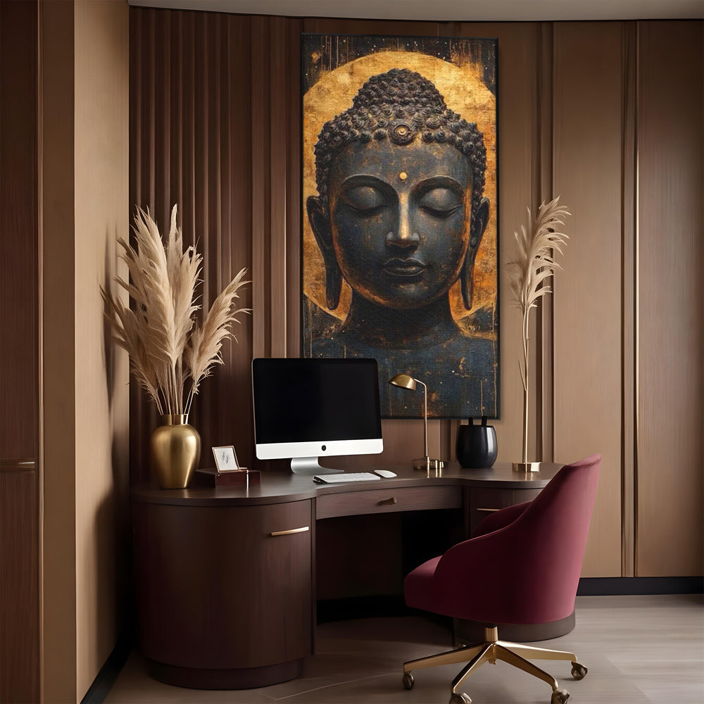 Tablou canvas cu tablou canvas cu capul lui buddha, in rama de aluminiu negru, pe perete intr-un birou